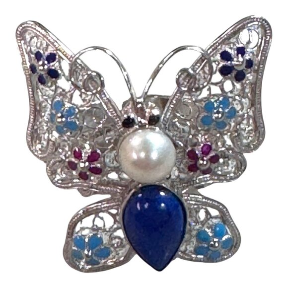 Butterfly Enamel Sterling Silver Ring Lapis Lazuli Pearl Accents Cloisonne 925 - Picture 8 of 11